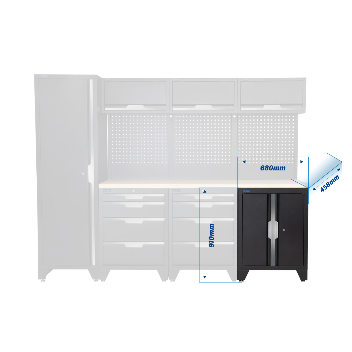 SGS 10pc Modular Garage Storage | 8 Drawers | Plywood Worktop | Tall Single Cabinet | Floor Cabinet | 3x Upper Cabinets